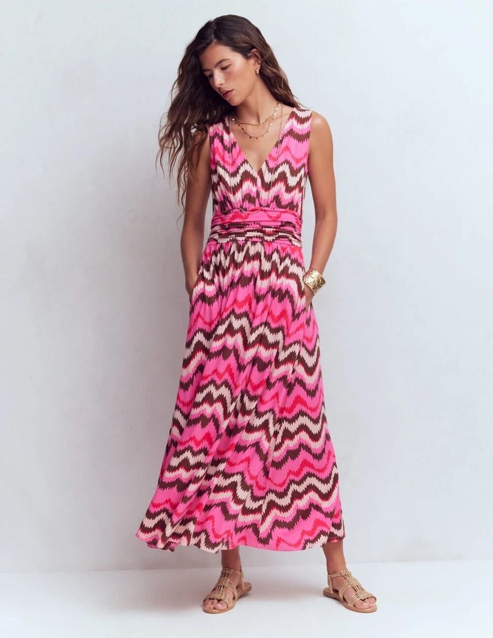 Boden Elodie Jersey Maxi Dress Pink Punch Zig Zag Wave Size 0 Petite
